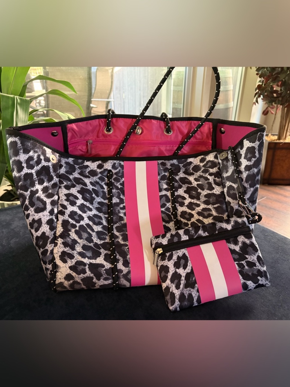 Pink Leopard Print Neoprene Tote Bag with Matching Pouch